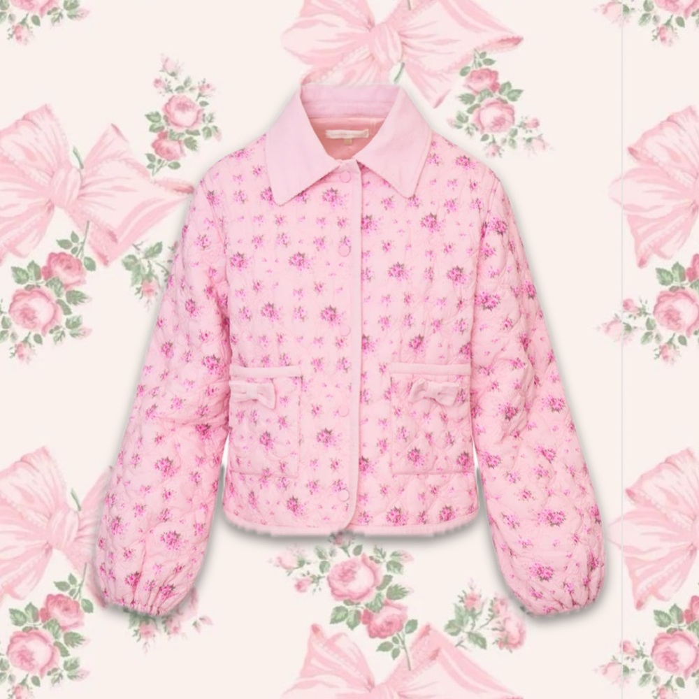 LoveShackFancy Quinlette Quilted Bow Floral Jacket Puffy Coat Pink